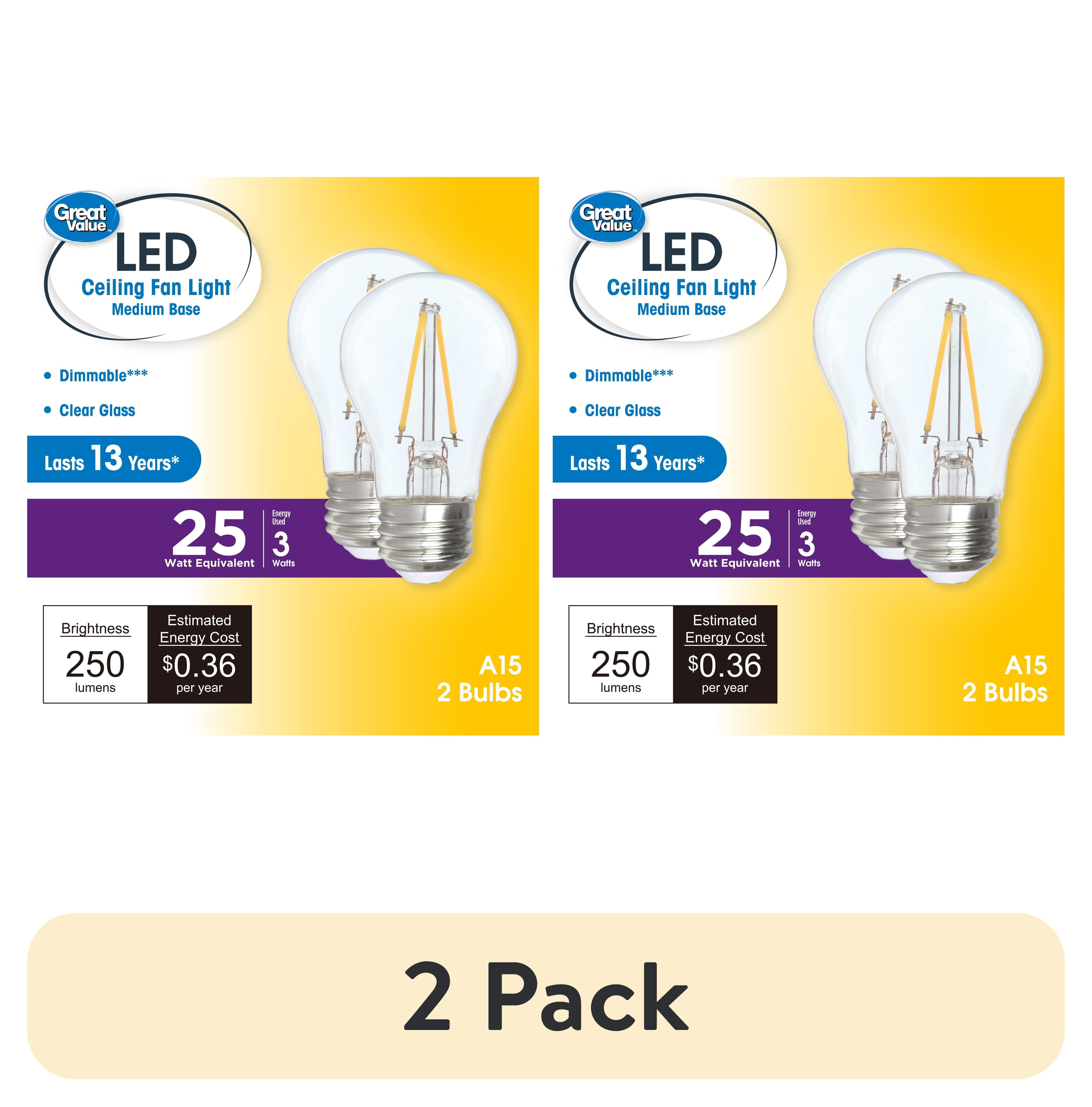 (2 pack) Great Value A15 LED Ceiling Fan Bulb 3W (25W Equivalent) Soft White Dimmable E26 Medium Base (2 Pack)