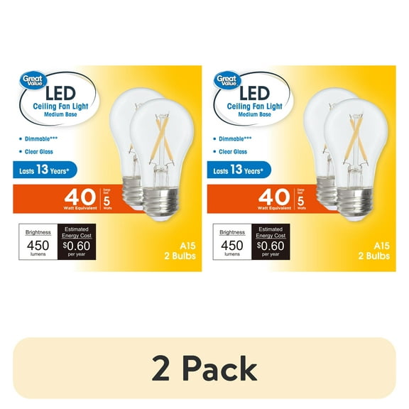 (2 pack) Great Value A15 LED Light Bulb, 5-Watt (40W Equivalent) Dimmable Soft White E26 Medium Base 2 Pack
