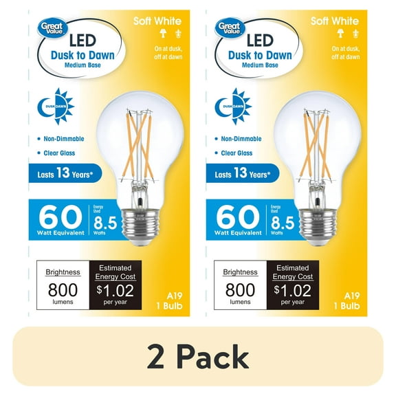 (2 pack) Great Value A19 LED 8.5W (60W Equivalent) Soft White Dusk to Dawn E26 Medium Base Light Bulb