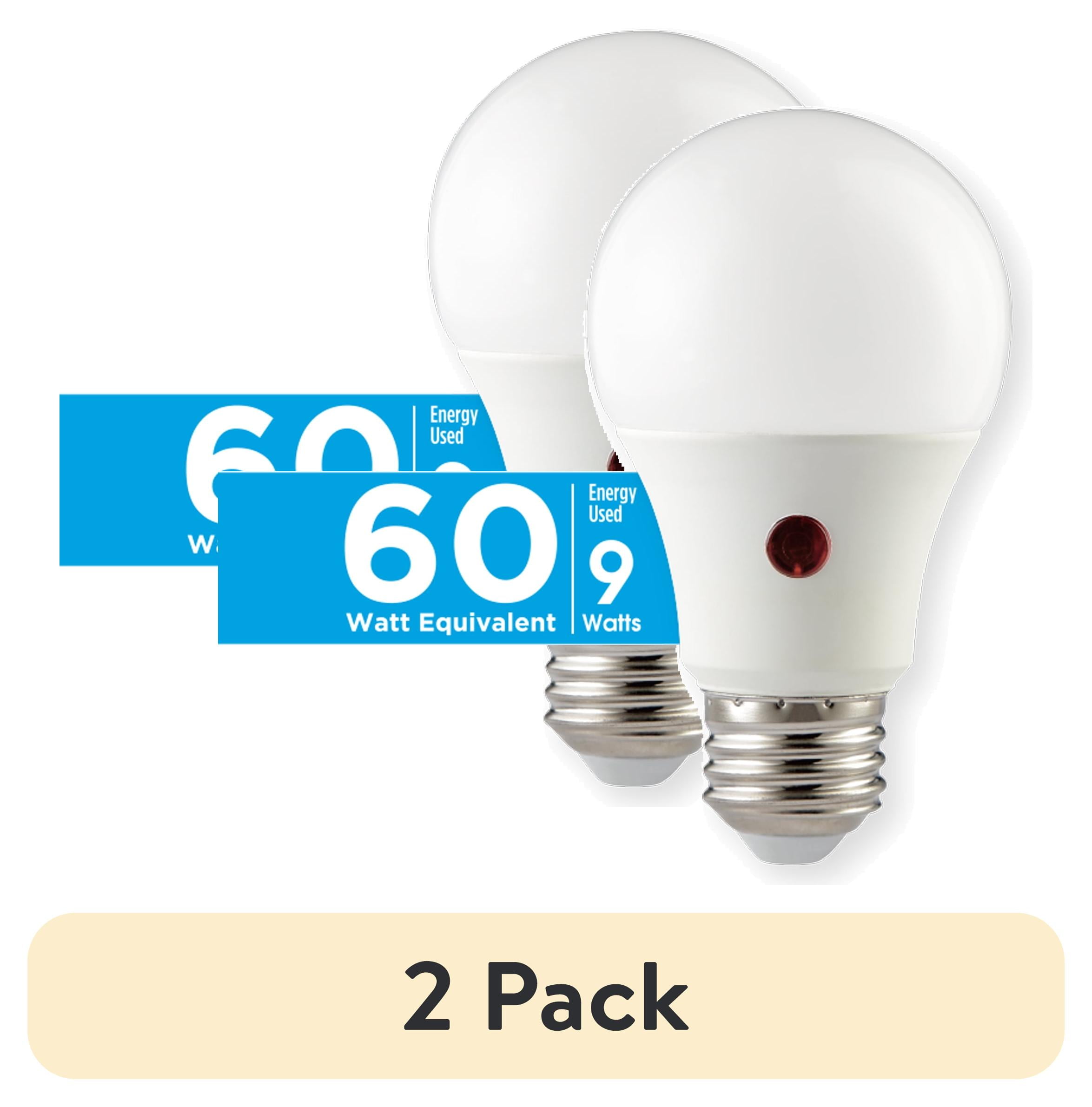 (2 pack) Great Value A19 Dusk to Dawn Auto On/Off LED Light Bulb, 9-Watt (60W Equivalent) E26 Medium Base
