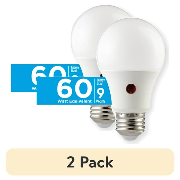 (2 pack) Great Value A19 Dusk to Dawn Auto On/Off LED Light Bulb, 9-Watt (60W Equivalent) E26 Medium Base