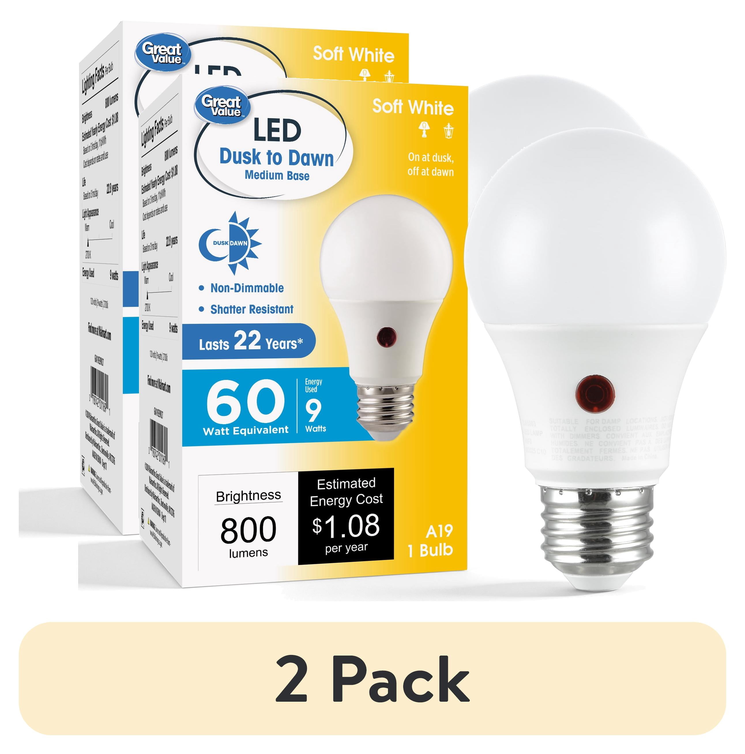 (2 pack) Great Value A19 Dusk to Dawn Auto On/Off LED Light Bulb, 9-Watt (60W Equivalent) E26 Medium Base