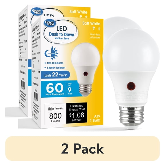 (2 pack) Great Value A19 Dusk to Dawn Auto On/Off LED Light Bulb, 9-Watt (60W Equivalent) E26 Medium Base