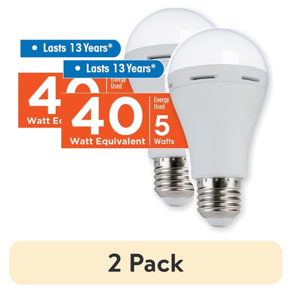 (2 pack) Great Value A19 LED Battery Backup Light Bulb, 5W (40W Equivalent), Soft White, E26 Medium Base