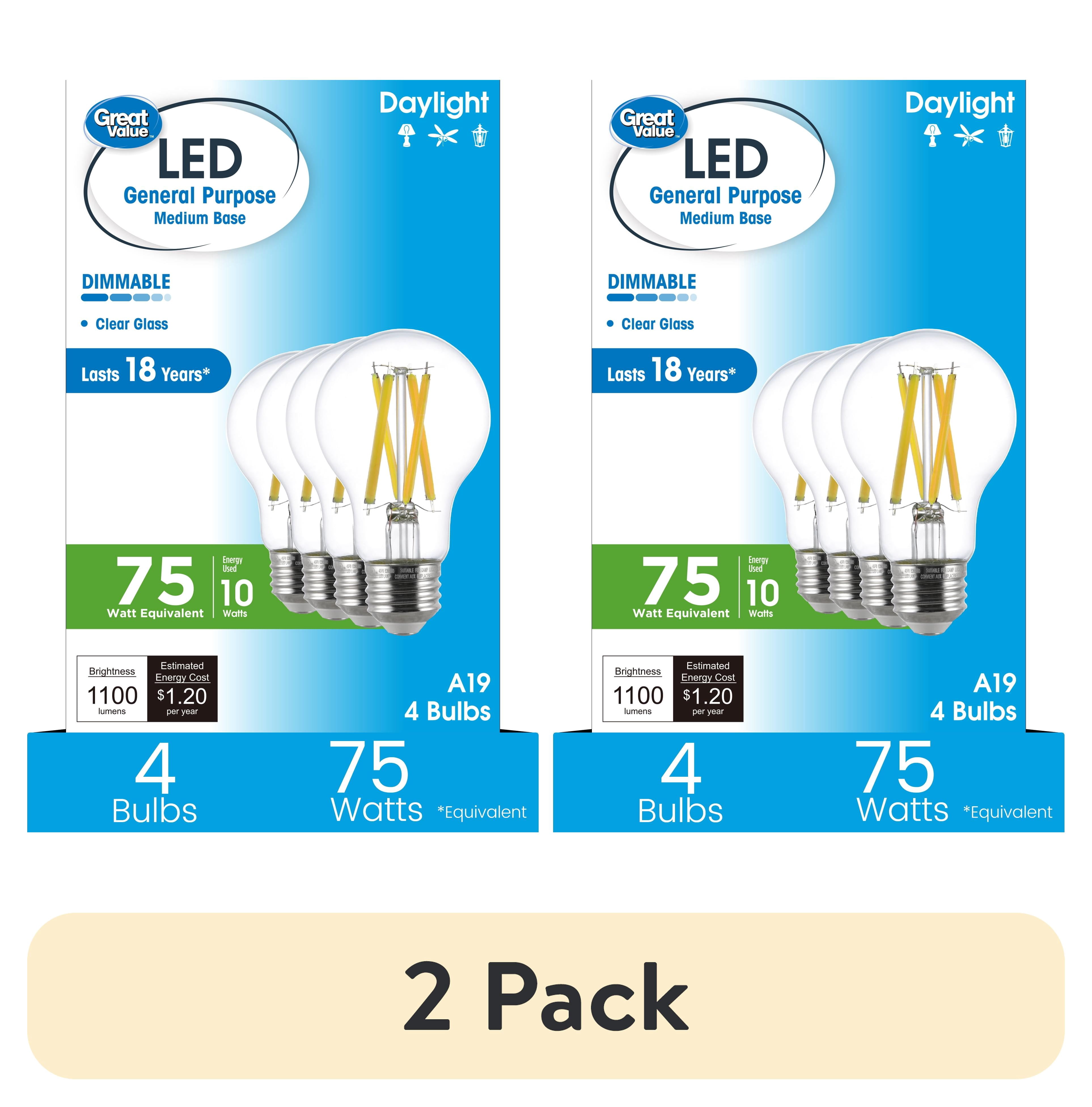 (2 pack) Great Value 18YR A19 LED Light Bulb, 10W (75W Equivalent) Dimmable Daylight E26 Medium Base (4 Pack)