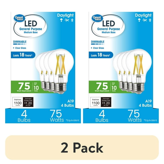 (2 pack) Great Value 18YR A19 LED Light Bulb, 10W (75W Equivalent) Dimmable Daylight E26 Medium Base (4 Pack)