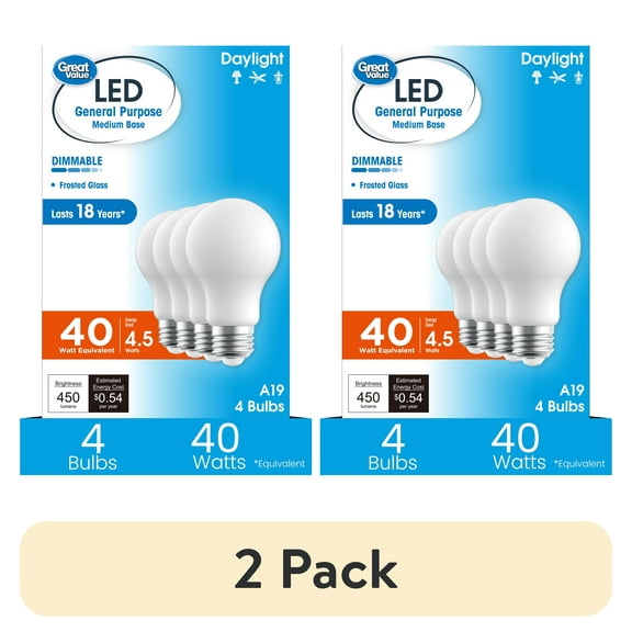 (2 pack) Great Value 18YR A19 LED Light Bulb, 4.5W (40W Equivalent) Dimmable Daylight E26 Medium Base (4 Pack)
