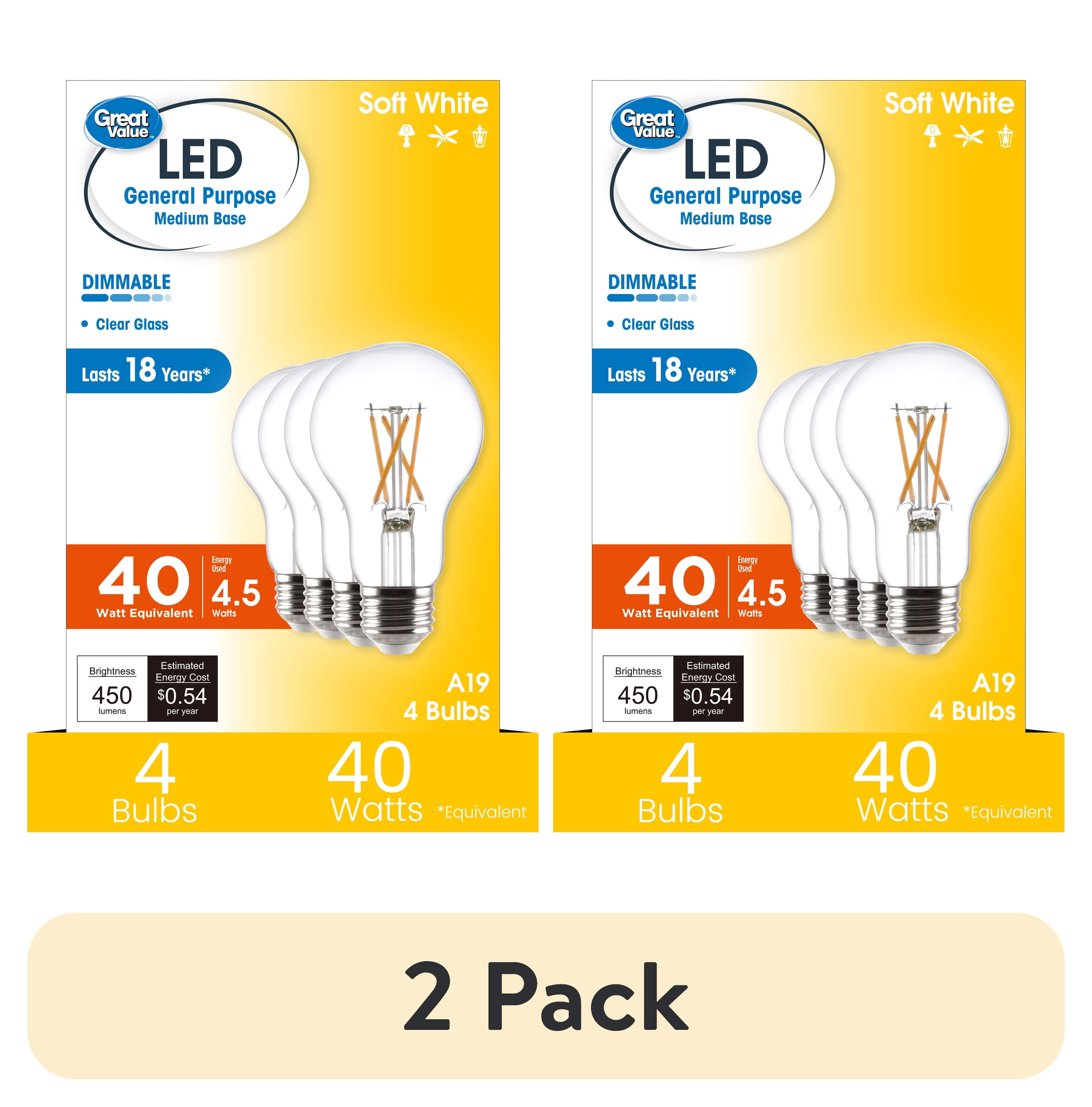 (2 pack) Great Value 18YR A19 LED Light Bulb, 4.5W (40W Equivalent) Dimmable Soft White E26 Base, 4 Pack