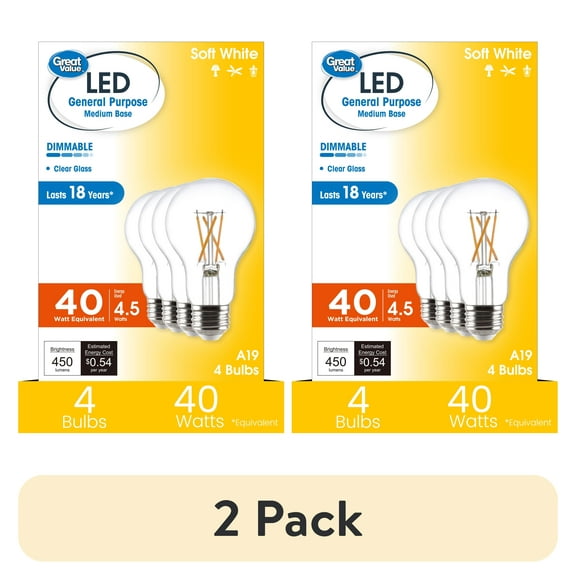 (2 pack) Great Value 18YR A19 LED Light Bulb, 4.5W (40W Equivalent) Dimmable Soft White E26 Base, 4 Pack