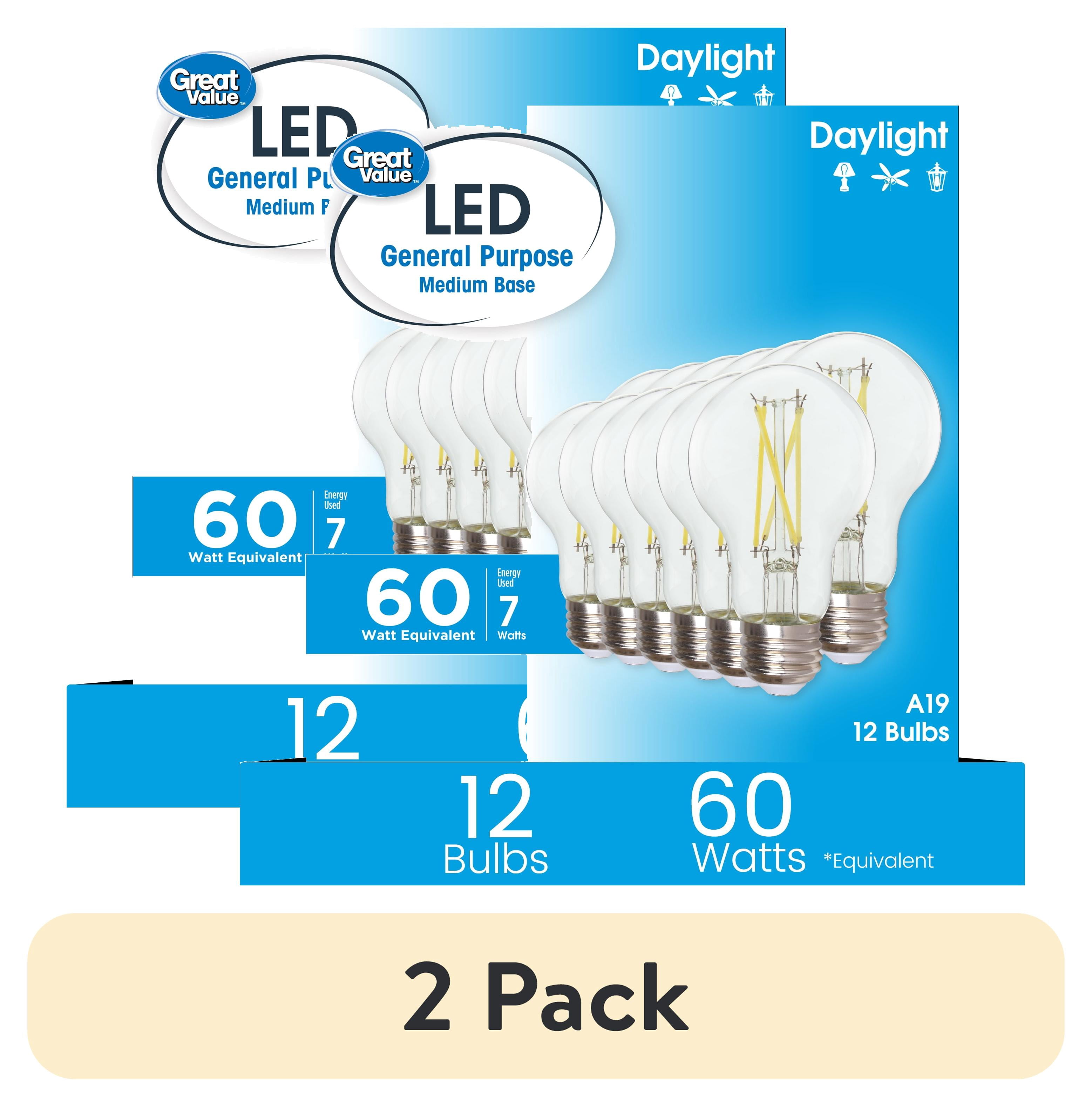 (2 pack) Great Value 18YR A19 LED Light Bulb, 7W (60W Equivalent) Dimmable Daylight E26 Medium Base, 12 Pack
