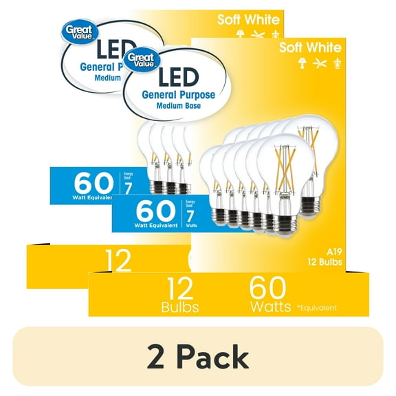 (2 pack) Great Value 18YR A19 LED Light Bulb, 7W (60W Equivalent) Dimmable Soft White E26 Base, 12 Pack