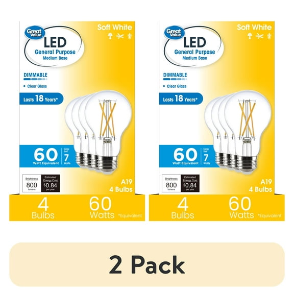 (2 pack) Great Value 18YR A19 LED Light Bulb, 7W (60W Equivalent) Dimmable Soft White E26 Base, 4 Pack