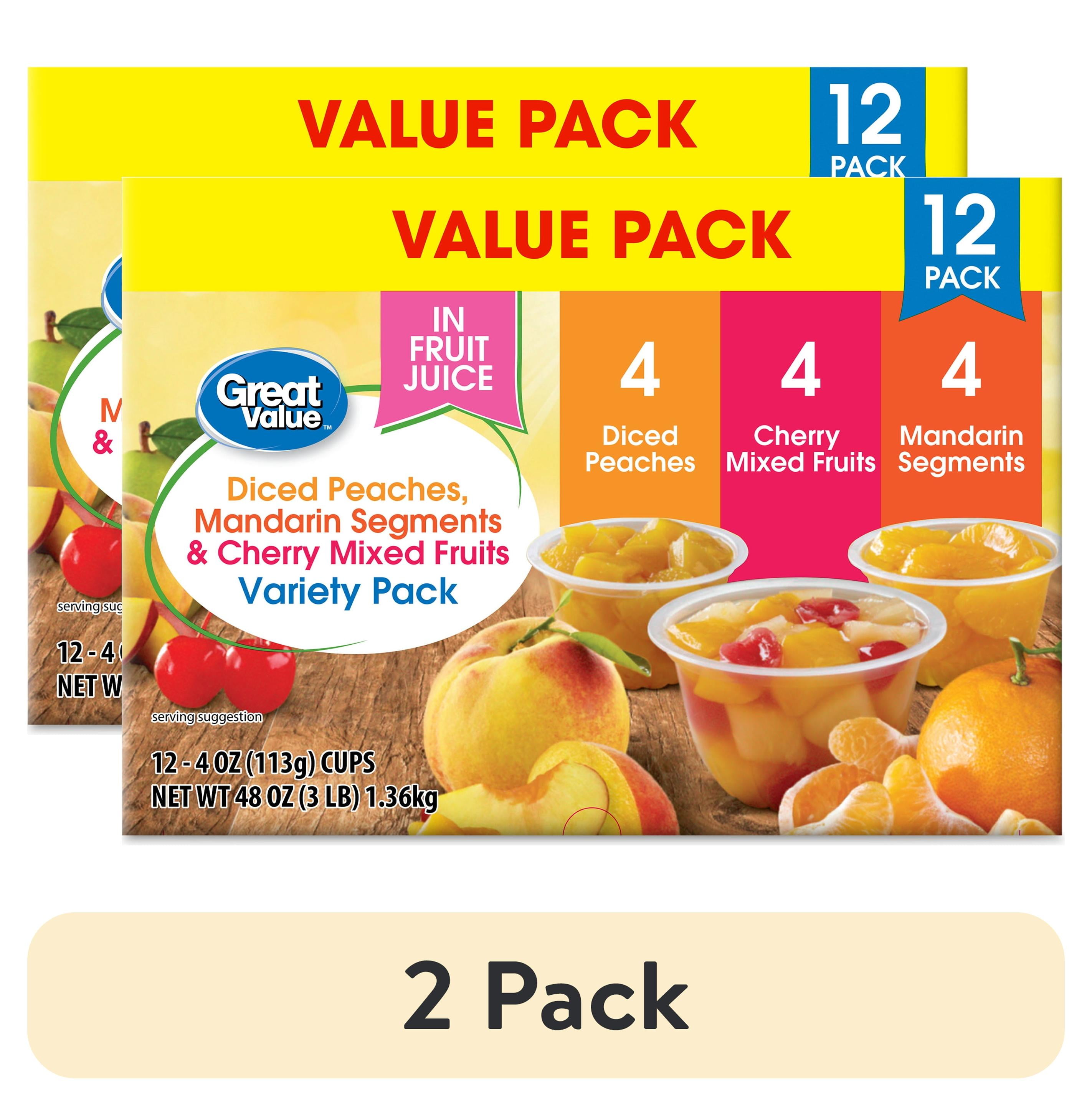 (2 pack) Great Value Diced Peaches, Mandarin Segments, & Cherry Mixed Fruits Variety Pack, 4 oz, 12 Pack