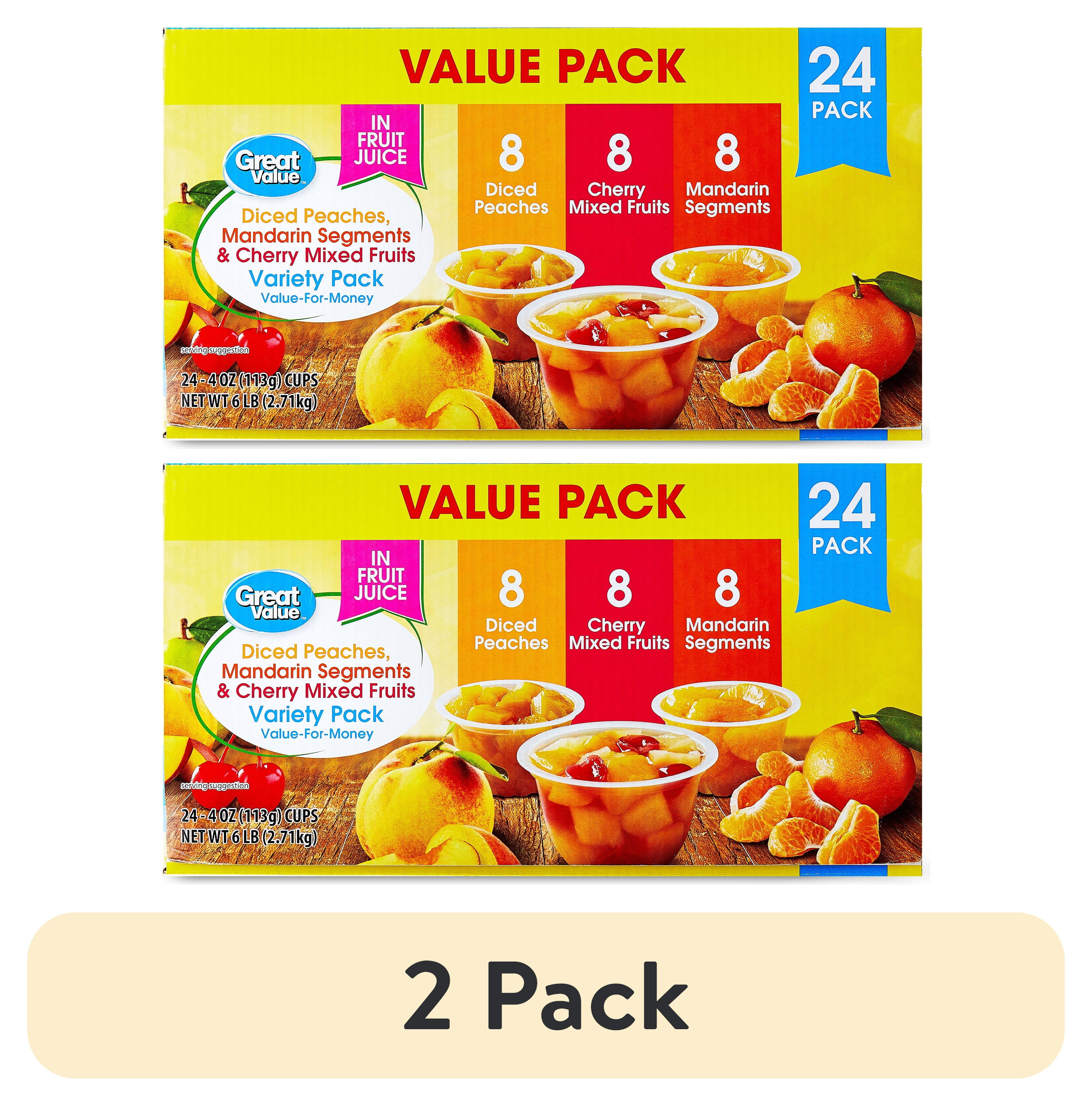 (2 pack) Great Value Diced Peaches, Mandarin Segments & Cherry Mixed Fruits Variety Pack, 4 oz, 24 Count