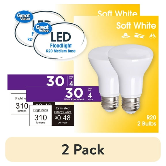 (2 pack) Great Value R20 LED 4W (30W Equivalent) Soft White E26 Medium Base Indoor Directional Floodlight Bulbs, Dimmable, 2 Pack