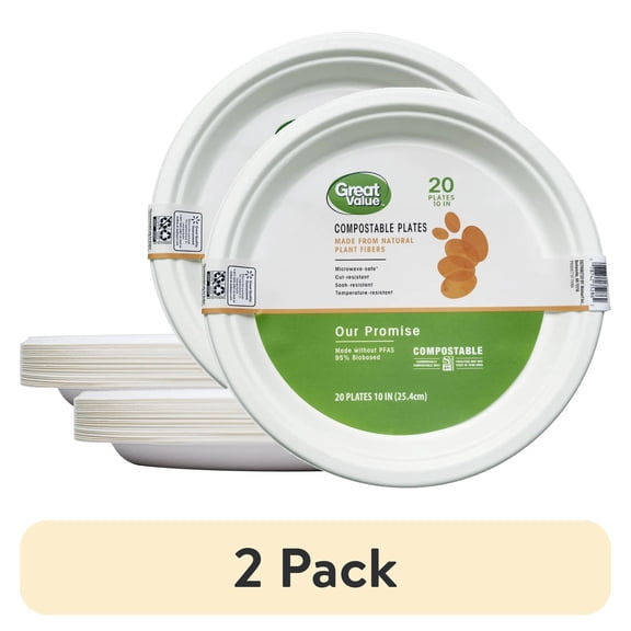 (2 pack) Great Value Compostable, Microwave Safe, Cut Resistant, Soak Resistant, Temperature Resistant, Disposable Paper Plates, 10", White, 20 Count