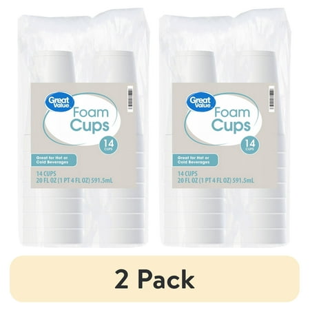 (2 pack) Great Value Foam Cups Party Insulated Disposable Foam Cups, 20 fl oz, Plain White, 14 Count, (1 Pack)
