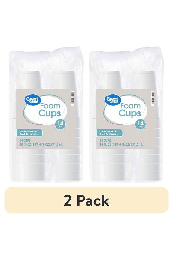 (2 pack) Great Value Foam Cups Party Insulated Disposable Foam Cups, 20 fl oz, Plain White, 14 Count, (1 Pack)