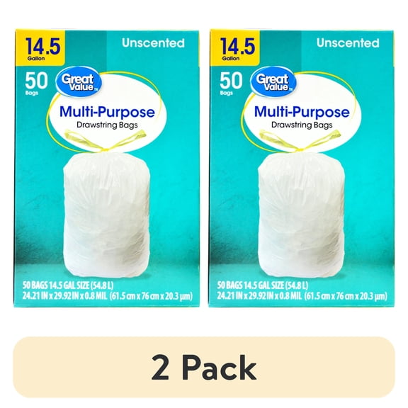 (2 pack) Great Value Drawstring Trash Bags, 14.5 gal, Unscented, 50 Bags