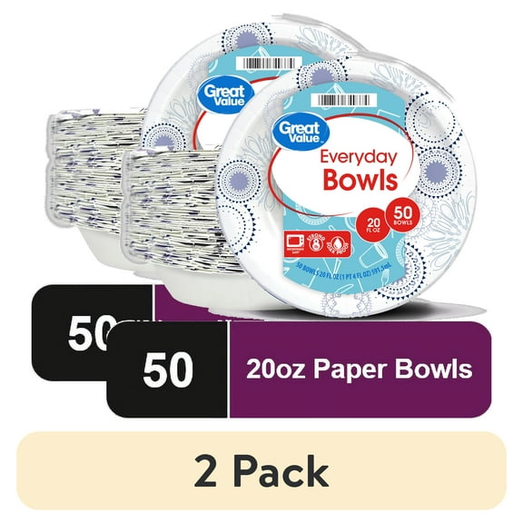 (2 pack) Great Value Everyday Disposable Paper Bowls, 20 oz, 50 Count