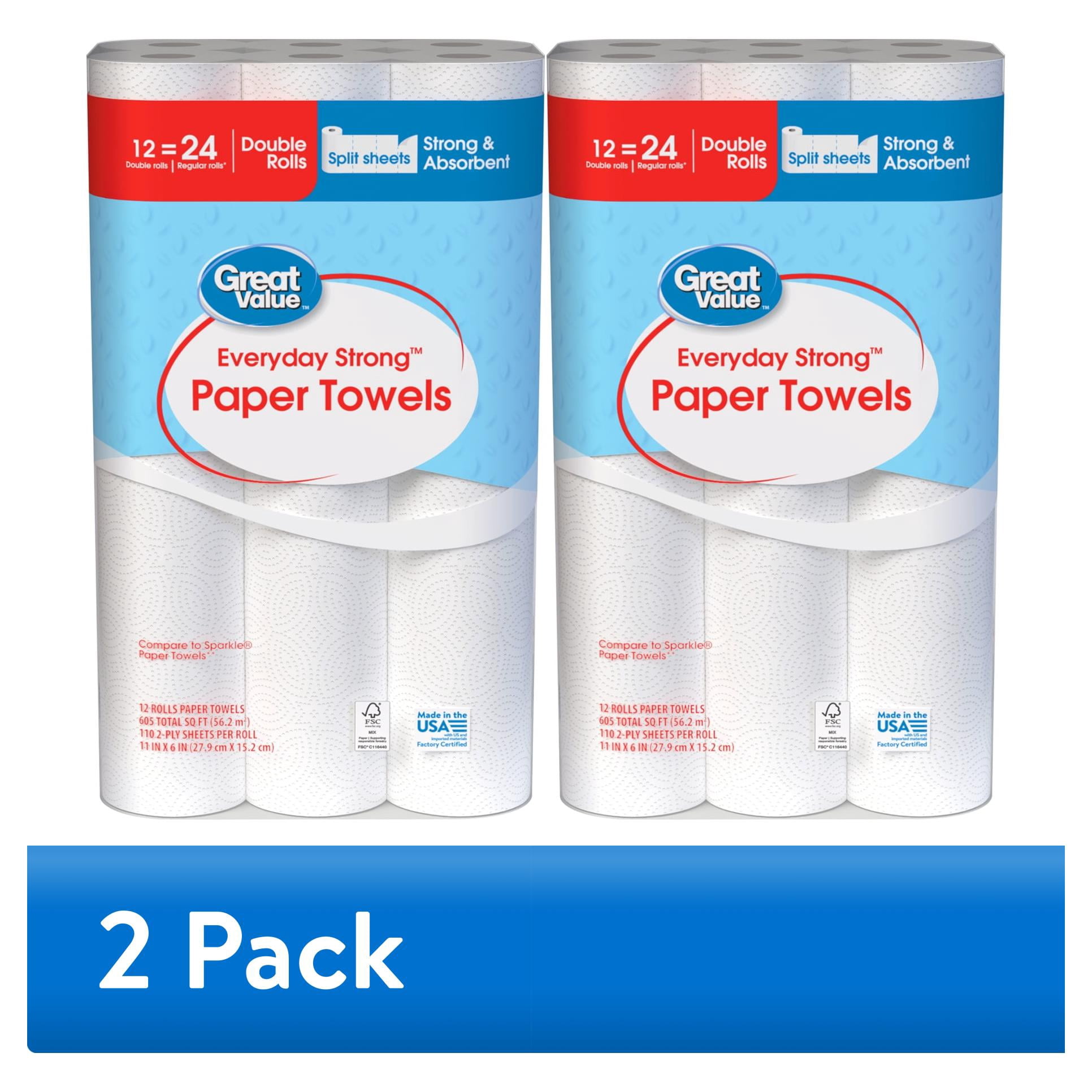 (2 pack) Great Value Everyday Strong Paper Towels, 12 Double Rolls