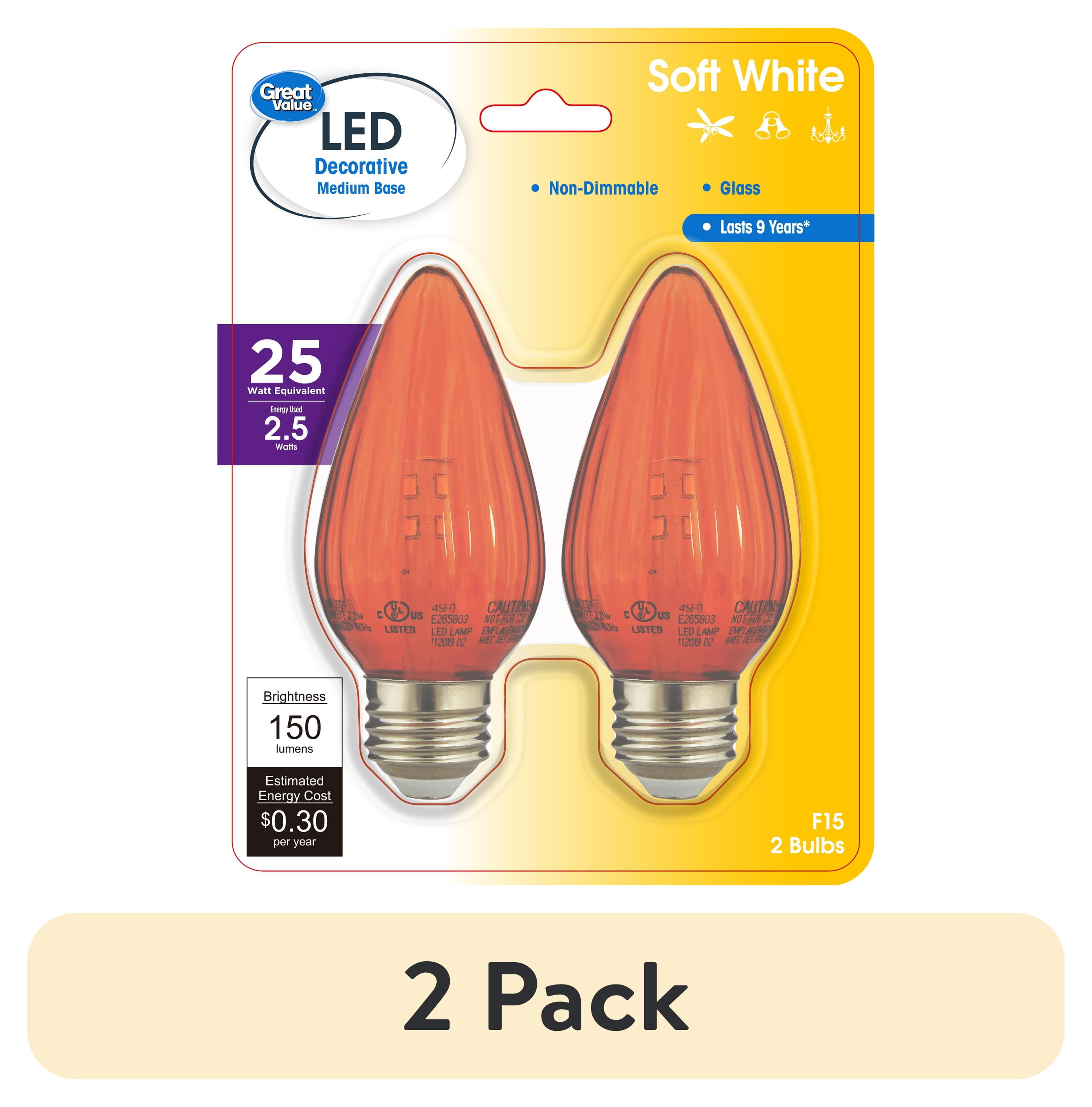 (2 pack) Great Value F15 LED 2.5W (25W Equivalent) Soft White Bulbs,Decorative Red Color Medium Base,2 Pack