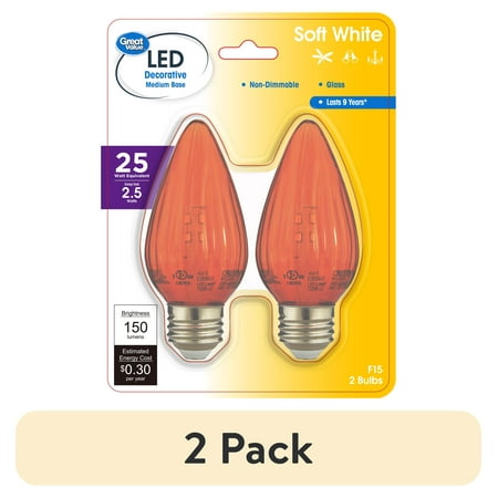 (4 pack) Great Value F15 LED 2.5W (25W Equivalent) Soft White Bulbs,Decorative Red Color Medium Base,2 Pack