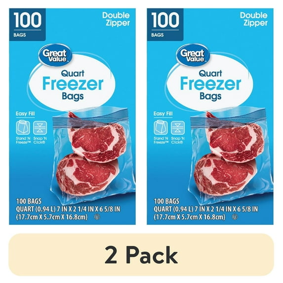 (2 pack) Great Value Freezer Guard Double Zipper Freezer Bags, Quart, 100 Count