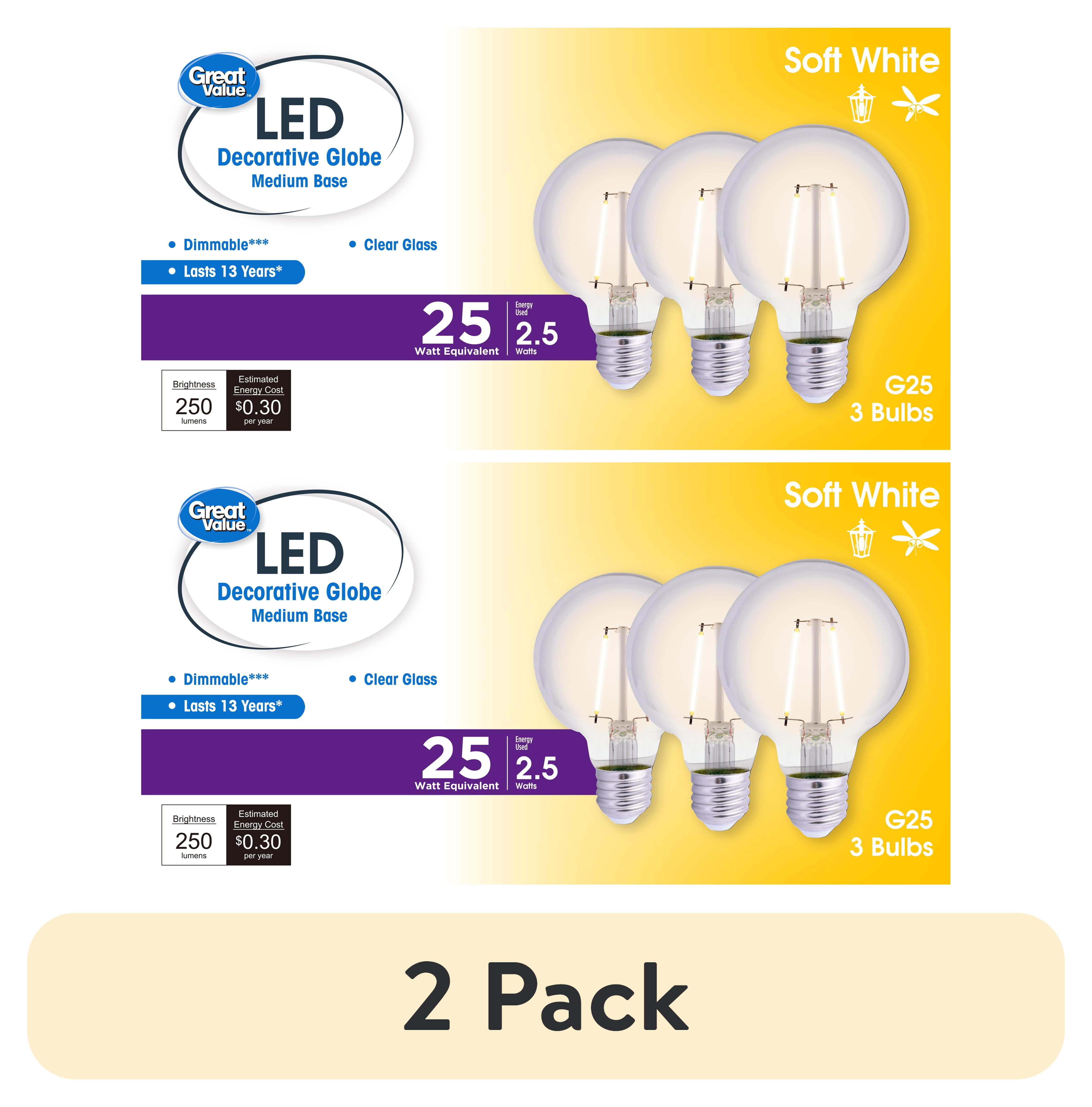 (2 pack) Great Value G25 LED Bulb, 2.5-Watt (25W Equivalent) Soft White Decorative Globe E26 Base Dimmable3 Pack