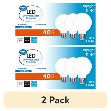 (2 pack) Great Value G25 LED Bulb, 3-Watt (40W Equivalent) Daylight Decorative Globe E26 Base Dimmable3 Pack