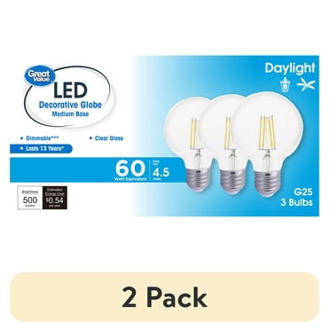 (2 pack) Great Value G25 LED Bulb, 3-Watt (60W Equivalent) Daylight Decorative Globe E26 Base Dimmable - 3 Pack