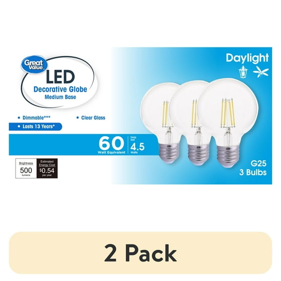 (2 pack) Great Value G25 LED Bulb, 3-Watt (60W Equivalent) Daylight Decorative Globe E26 Base Dimmable - 3 Pack