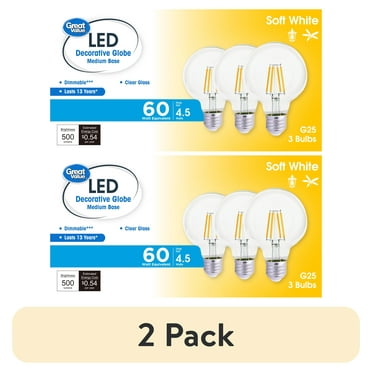 (2 pack) Great Value G25 LED Bulb, 4.5-Watt (60W Equivalent) Soft White Decorative Globe E26 Base Dimmable3 Pack