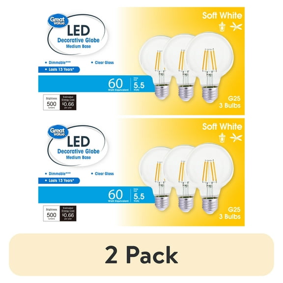 (2 pack) Great Value LED Bulb, 5.5-Watt (60W Equivalent) G25 Deco Bulbs E26 Base, Soft White, 3-Pack, CA