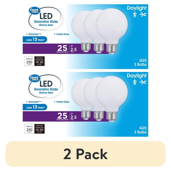 (2 pack) Great Value G25 LED Light Bulb, 2.5-Watt (25W Equivalent) Daylight Decorative Globe E26 Base Dimmable - 3 Pack