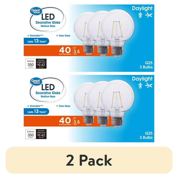(2 pack) Great Value G25 LED Light Bulb, 3.5-Watt (40W Equivalent) Daylight White Dimmable E26 Base, 3-Pack (Title 20)