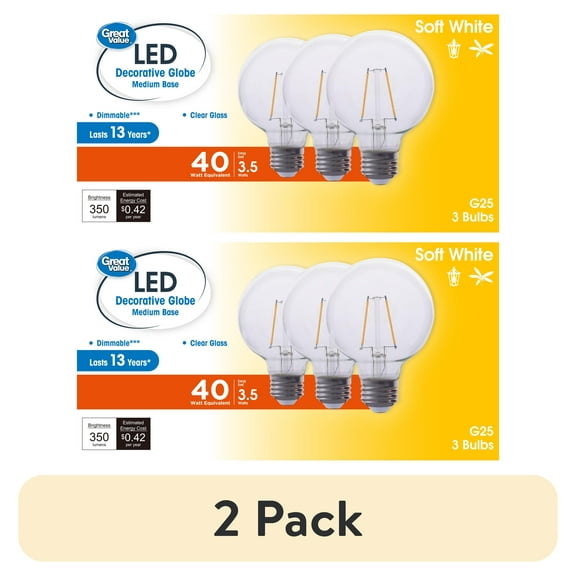 (2 pack) Great Value G25 LED Light Bulb, 3.5-Watt (40W Equivalent) Soft White Dimmable E26 Base, 3-Pack (Title 20)