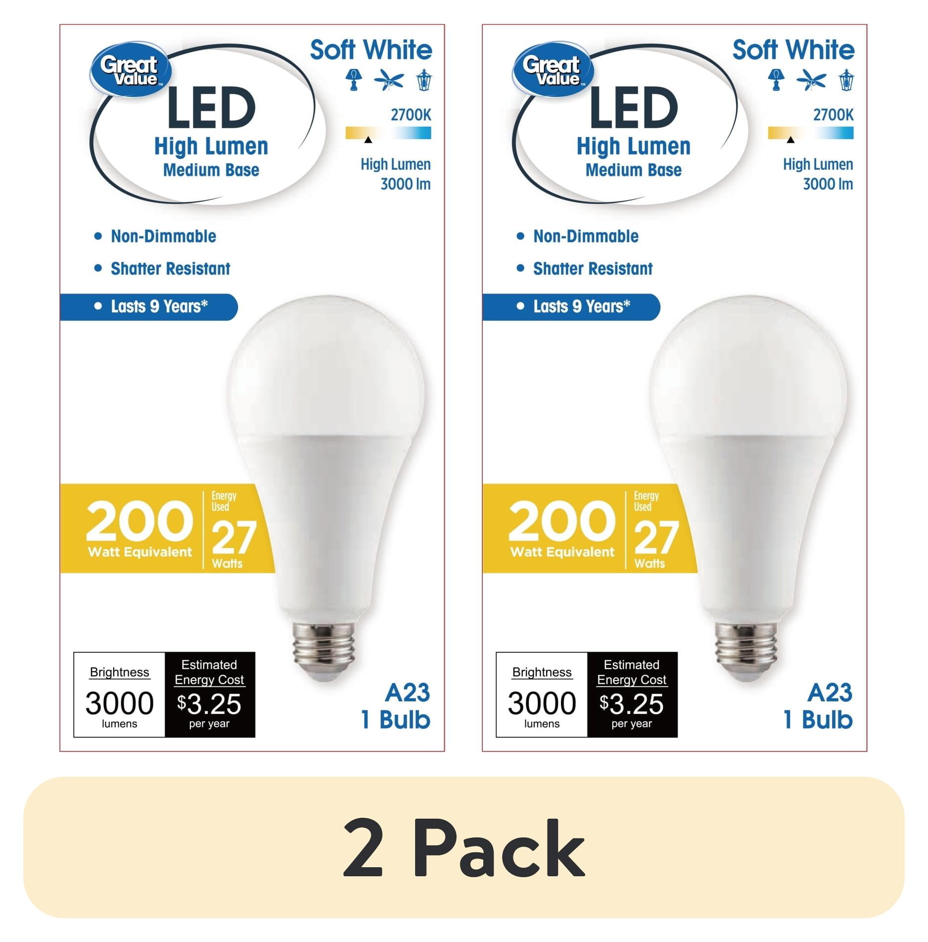 (2 pack) Great Value High Output A23 LED Light Bulb, 27-Watt (200W Equivalent), Soft White, E26 Medium Base