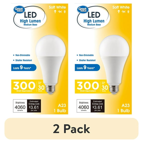 (2 pack) Great Value High Output A23 LED Light Bulb, 30-Watt (300W Equivalent), Soft White, E26 Medium Base