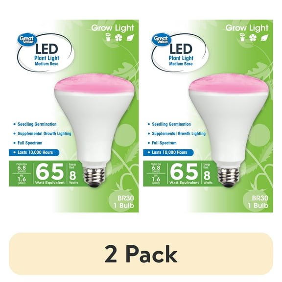 (2 pack) Great Value LED, 8 Watts (65W Equivalent) BR30 Grow Light E26 Medium Base, Non-Dimmable, Plant, 1-Pack