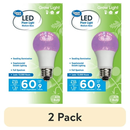 (2 pack) Great Value LED, 9 Watts (60W Equivalent) A19 Grow Light E26 Medium Base, Non-Dimmable, Plant, 1-Pack