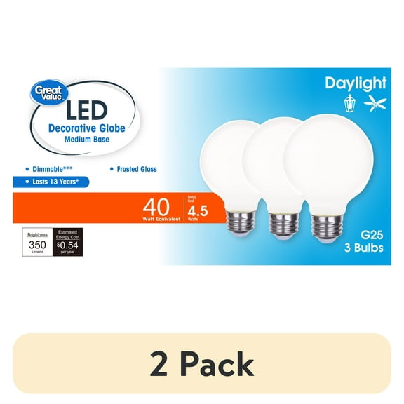 (2 pack) Great Value LED Bulb, 4.5-Watt (40W Equivalent) G25 Deco Bulbs E26 Base, Daylight, 3-Pack, CA
