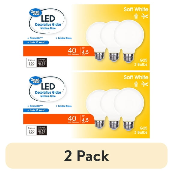 (2 pack) Great Value LED Bulb, 4.5-Watt (40W Equivalent) G25 Deco Bulbs E26 Base, Soft White, 3-Pack, CA