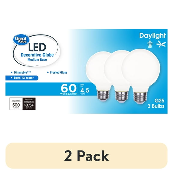 (2 pack) Great Value LED Bulb, 4.5-Watt (60W Equivalent) G25 Deco Bulbs E26 Base, Daylight, 3-Pack