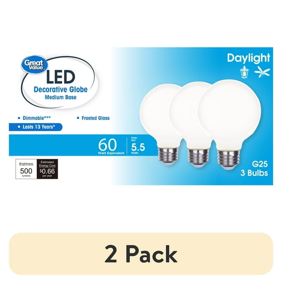 (2 pack) Great Value LED Bulb, 5.5-Watt (60W Equivalent) G25 Deco Bulbs E26 Base, Daylight, 3-Pack, CA
