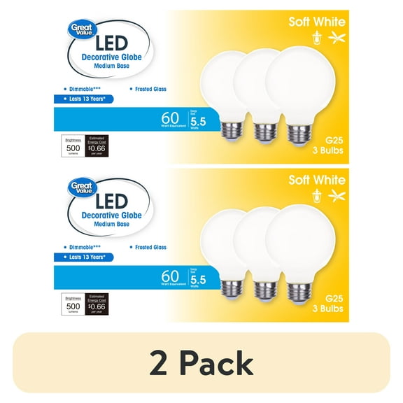(2 pack) Great Value LED Bulb, 5.5-Watt (60W Equivalent) G25 Deco Bulbs E26 Base, Soft White, 3-Pack, CA