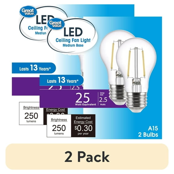 (2 pack) Great Value LED Ceiling Fan Bulb, 2.5-Watt (25W Eqv.) A15 Shape E26 Base Daylight, 2 Pack