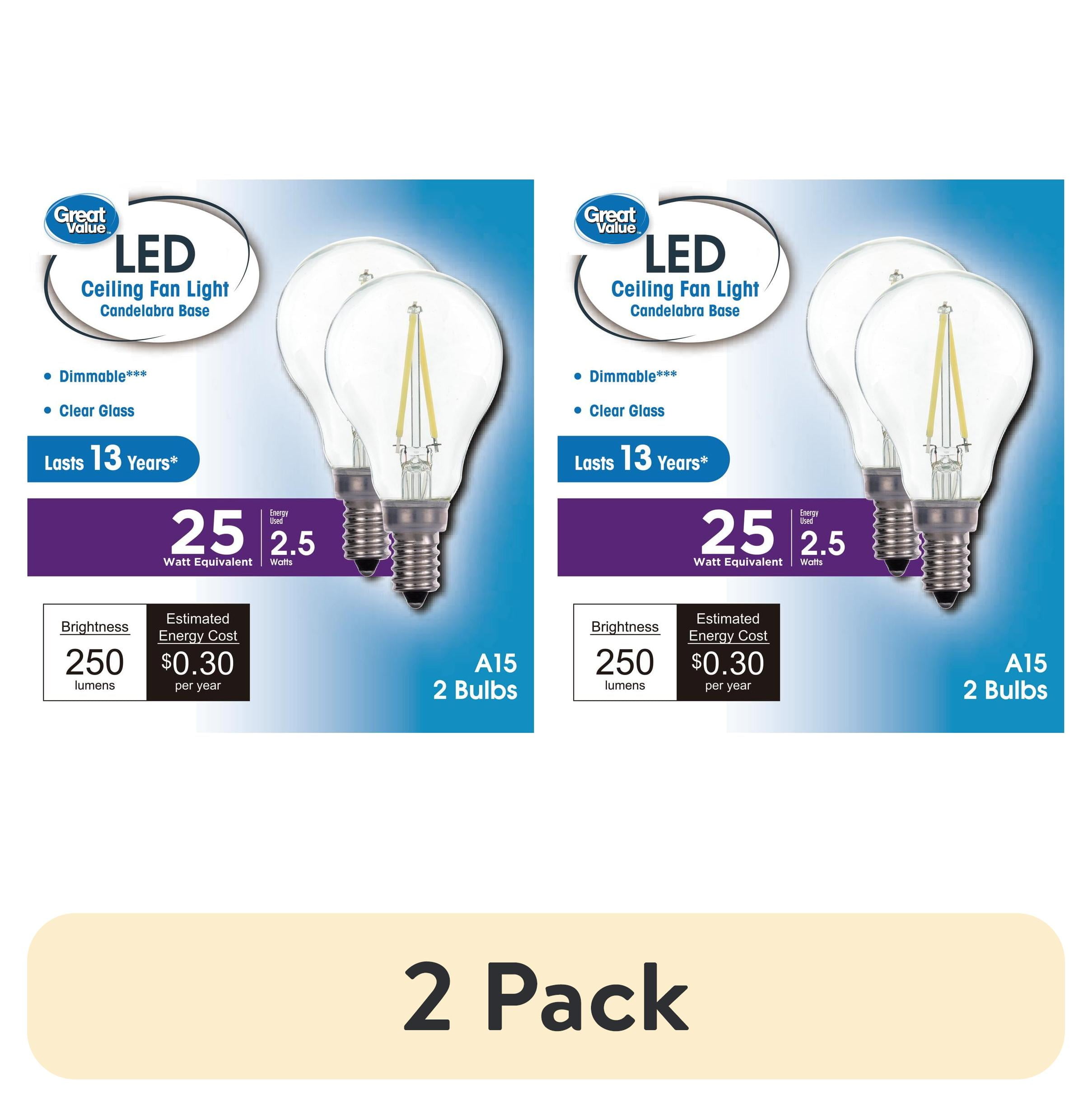 (4 pack) Great Value LED Ceiling Fan Bulb, 2.5W (25W Equivalent) Daylight, A15 with E12 Base Dimmable, Clear, 2PK