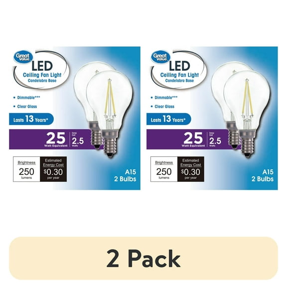 (4 pack) Great Value LED Ceiling Fan Bulb, 2.5W (25W Equivalent) Daylight, A15 with E12 Base Dimmable, Clear, 2PK
