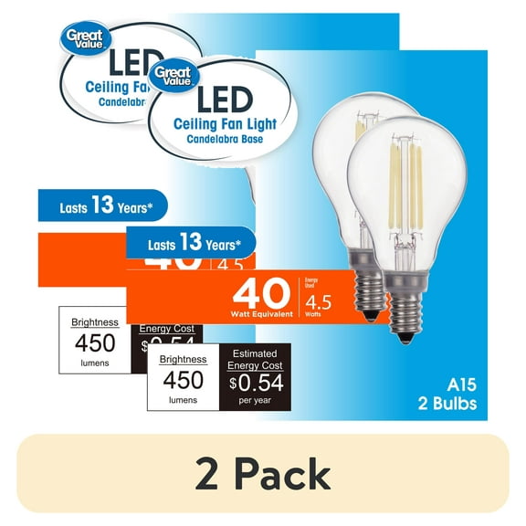 (4 pack) Great Value LED Ceiling Fan Bulb, 4.5-Watt (40W Eqv.) A15 Shape E12 Base Daylight, 2 Pack